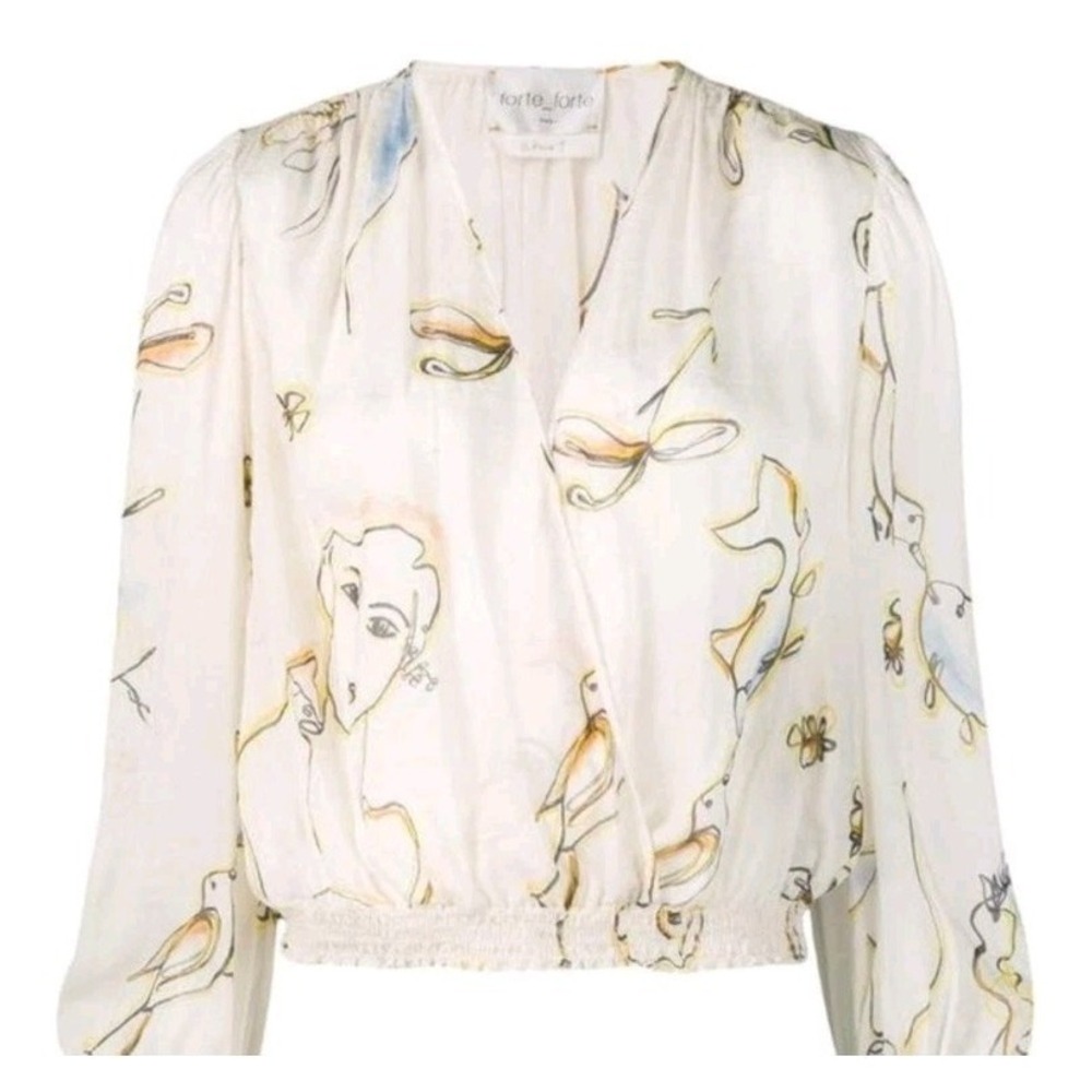 Forte Forte Faux wrap top 36/8 print silk Cotton Blend  blouse Fish Bird Print
